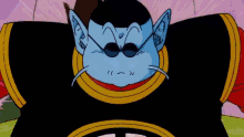 a cartoon character wearing sunglasses and a black shirt .