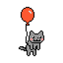 a pixel art drawing of a cat holding an orange balloon