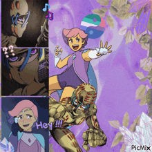 a collage of cartoon characters with the words hey on the bottom right
