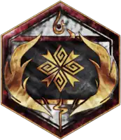 a black and gold emblem with a geometric design on it