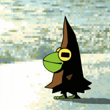 a frog wearing a black hat with a yellow circle in the middle