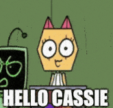 a cartoon cat says hello cassie in front of a television