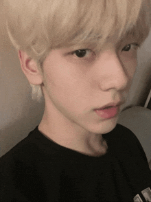 a close up of a person 's face with blonde hair