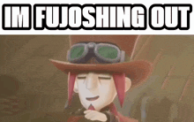 a cartoon character wearing a top hat and goggles with the words `` im fujoshing out '' written above him .