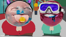 two cartoon characters are standing next to each other and one has a coin in its mouth