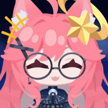 a cartoon drawing of a girl with pink hair wearing glasses