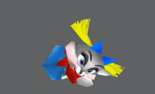 a cartoon clown with a red blue and yellow wig on a gray background