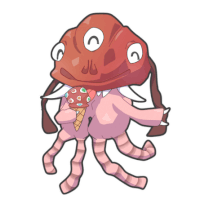 a cartoon drawing of a monster holding an ice cream cone and wearing a pink sweater