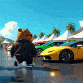 a teddy bear is running in front of a row of cars