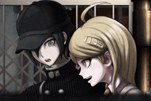 a boy and a girl are standing next to each other and the girl has a hair clip with the letter j on it
