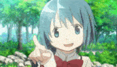 a girl with blue hair and a red bow is pointing at the camera