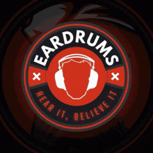 a red and black logo for ear drums is broken into pieces