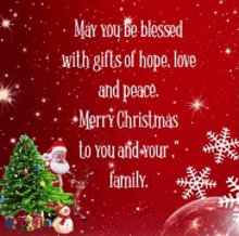 a christmas card that says may you be blessed with gifts of hope love and peace and merry christmas to you and your family