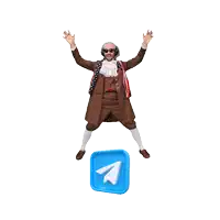 a man in a brown suit is jumping in the air next to a telegram logo