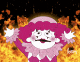 a cartoon of a clown with flames behind him and the name ken