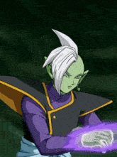 a cartoon character with green hair and purple clothes