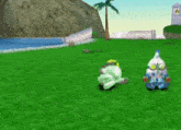 a video game character is laying on the grass next to another character .