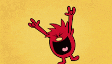 a red cartoon character is laughing with his arms up in the air
