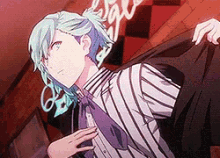 a man with blue hair is wearing a striped shirt and tie ..