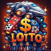 a cartoon illustration of a lotto game with a rocket , dice , balls and a dollar sign .