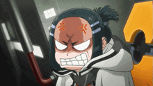 a cartoon character with an angry look on his face has the letter x on his forehead