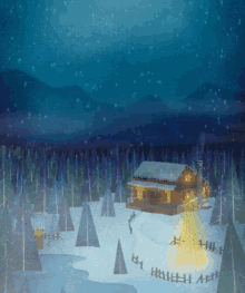 a house in the middle of a snowy forest is lit up