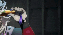 a cartoon character is holding a fan with purple nails