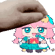 a pixel art drawing of a girl with pink hair and blue eyes