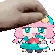 a pixel art drawing of a girl with pink hair and blue eyes