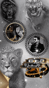 a black and white photo of a lion with a crown