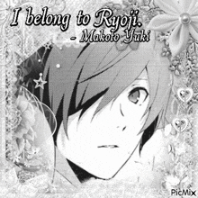 a black and white picture of a boy with the words i belong to ryoji makoto yuki