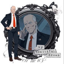 a man in a suit and tie is standing in front of a mirror with the words " my beautiful dream " on the bottom
