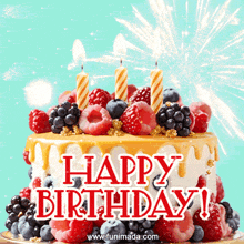 a birthday cake with berries and candles that says " happy birthday "