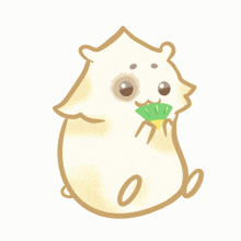 a cartoon drawing of a hamster holding a green fan in its mouth