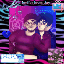 a picture of two men with the words " lucifer loves jay " on the top