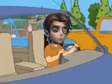 a cartoon of a man driving a car with a yellow truck behind him .