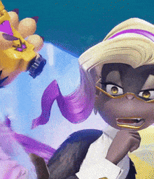 a cartoon character wearing glasses and a hat is standing next to another character .