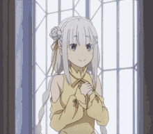 a girl with white hair is wearing a yellow dress and a flower in her hair