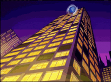 a cartoon drawing of a very tall building with lots of windows at night