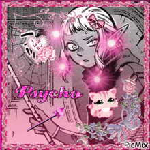 a picture of a girl with pink hair and the words psycho