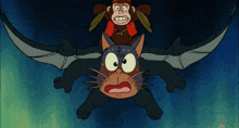 a monkey is riding on the back of a cat flying through the air