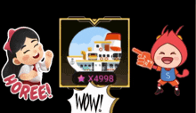 a cartoon of a girl and a cartoon of a lobster pointing at a ship with the words wow on the bottom right