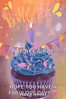 a cupcake with blue frosting and a candle on top of it .