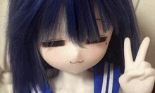 a doll with blue hair giving the peace sign