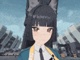 a girl with long black hair is wearing a blue jacket and a yellow scarf with the letter s on it