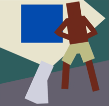 a cartoon drawing of a man standing next to a blue square
