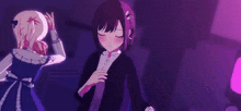two anime girls are standing next to each other in a dark room with purple lights .