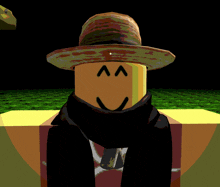 a cartoon character wearing a straw hat and a scarf has a smiley face on his face