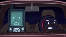 a cartoon drawing of a car with a sad face on the dashboard