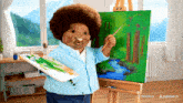 a stuffed animal is holding a brush and palette in front of an easel